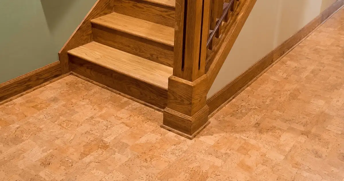 End of a staircase with cork flooring in Knoxville, TN