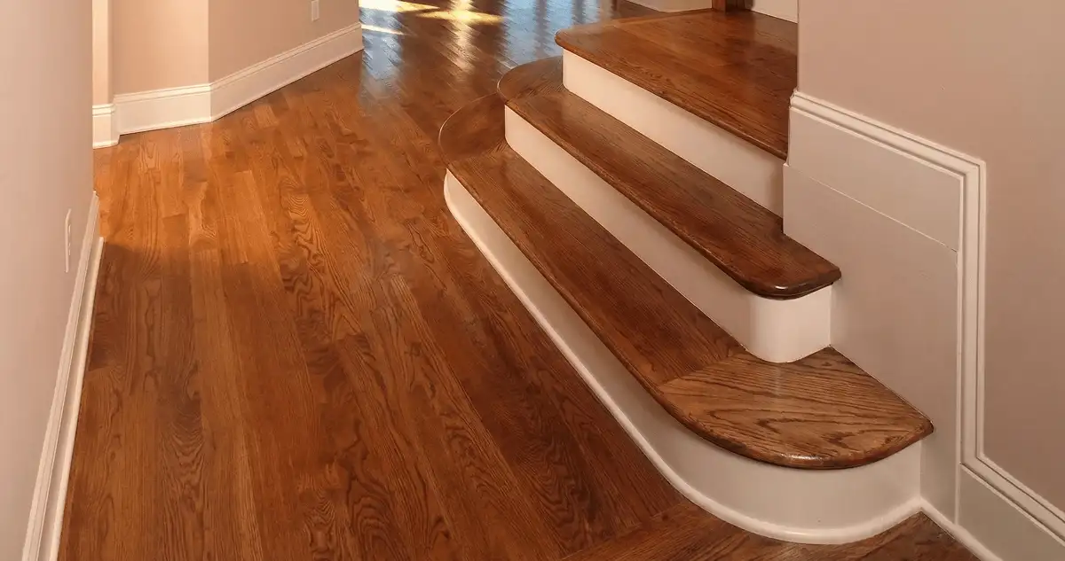 Base floor of a staircase with professionally restored wood flooring in Knoxville TN