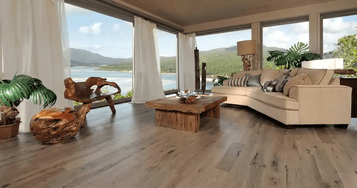 Professionally installed vinyl flooring in a modern living room with large windows in Knoxville, TN